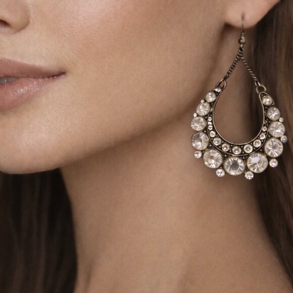 Rhinestone Statement Drop Earrings Antique Bronze Tone Boho Dangle - Picture 2 of 5